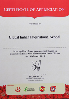 Certificate of Appreciation for GIIS from Dr Chia Shi-Lu