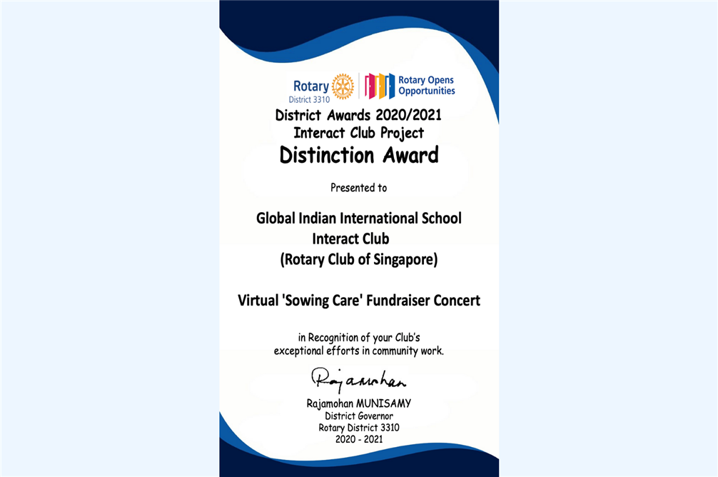 GIIS Interact Club awarded a Distinction Award for their Fundraiser efforts